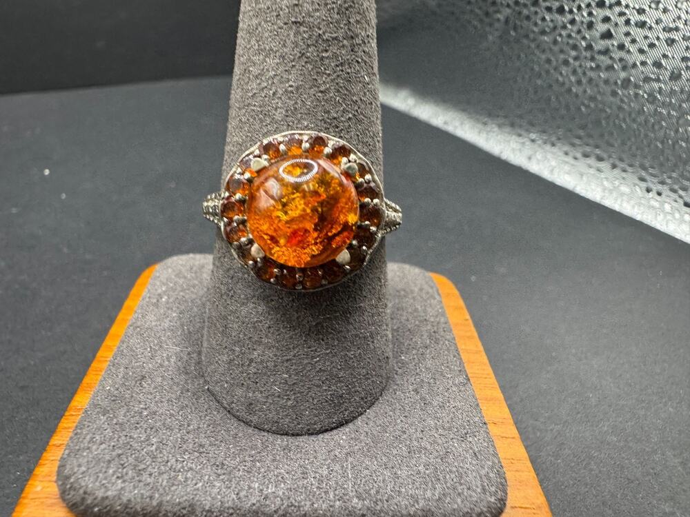 STS 925 Sterling Silver Natural Baltic Amber Statement Ring Size 9.75